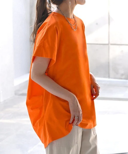 Tシャツ 接触冷感 トップス 涼しい 薄手 チュニック ロング レディース タック カットソー Uネック ティーシャツ 変形 長い 半袖 ゆったり 変形シルエット 白T コクーン 長め 無地 お尻が隠れる ビッグ 大きいサイズ 白 ネイビー 黄色 春 夏 HUG.U メール便 - Image 15