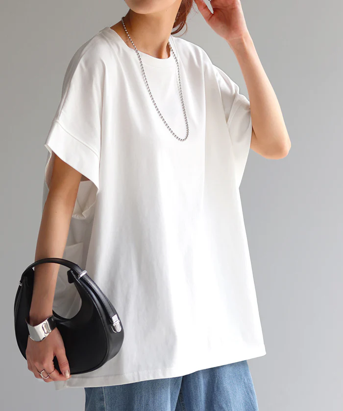 Tシャツ 接触冷感 トップス 涼しい 薄手 チュニック ロング レディース タック カットソー Uネック ティーシャツ 変形 長い 半袖 ゆったり 変形シルエット 白T コクーン 長め 無地 お尻が隠れる ビッグ 大きいサイズ 白 ネイビー 黄色 春 夏 HUG.U メール便 - Image 29
