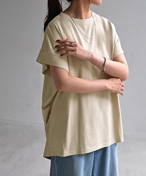 Tシャツ 接触冷感 トップス 涼しい 薄手 チュニック ロング レディース タック カットソー Uネック ティーシャツ 変形 長い 半袖 ゆったり 変形シルエット 白T コクーン 長め 無地 お尻が隠れる ビッグ 大きいサイズ 白 ネイビー 黄色 春 夏 HUG.U メール便 - Image 3