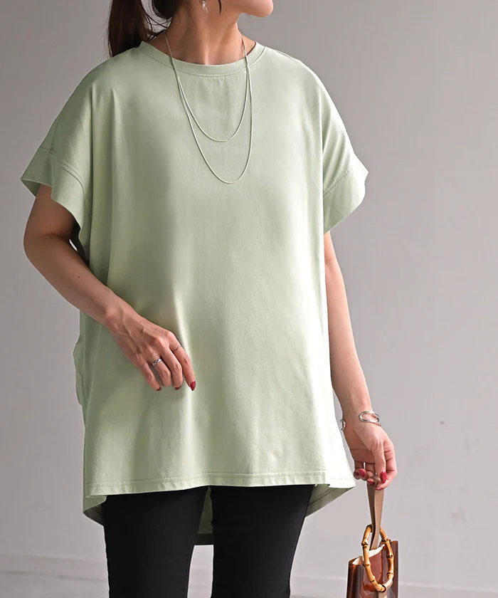 Tシャツ 接触冷感 トップス 涼しい 薄手 チュニック ロング レディース タック カットソー Uネック ティーシャツ 変形 長い 半袖 ゆったり 変形シルエット 白T コクーン 長め 無地 お尻が隠れる ビッグ 大きいサイズ 白 ネイビー 黄色 春 夏 HUG.U メール便 - Image 32