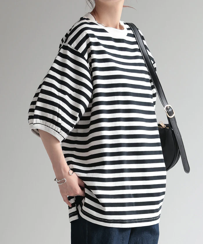 Tシャツ ロング トップス ぽわん袖 レディース カットソー Uネック モックネック ボーダー 無地 バルーンスリーブ クルーネック ティーシャツ 変形 ビッグ 半袖 ゆったり 長め 無地 お尻が隠れる ボックスT 大きいサイズ 白 黒 ブラック 春 夏 HUG.U メール便 - Image 27