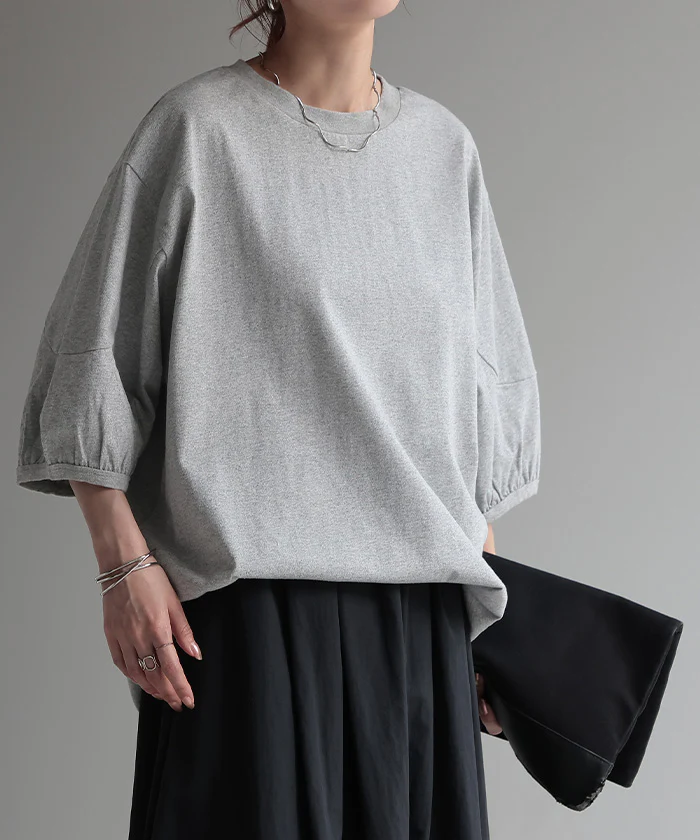 Tシャツ ロング トップス ぽわん袖 レディース カットソー Uネック モックネック ボーダー 無地 バルーンスリーブ クルーネック ティーシャツ 変形 ビッグ 半袖 ゆったり 長め 無地 お尻が隠れる ボックスT 大きいサイズ 白 黒 ブラック 春 夏 HUG.U メール便 - Image 29