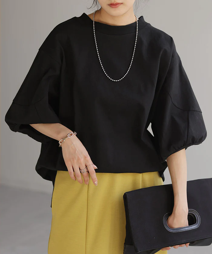 Tシャツ ロング トップス ぽわん袖 レディース カットソー Uネック モックネック ボーダー 無地 バルーンスリーブ クルーネック ティーシャツ 変形 ビッグ 半袖 ゆったり 長め 無地 お尻が隠れる ボックスT 大きいサイズ 白 黒 ブラック 春 夏 HUG.U メール便 - Image 31