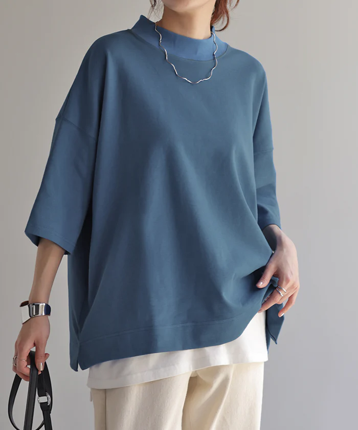Tシャツ UVカット 接触冷感 体型カバー トップス 紫外線対策 二の腕カバー レディース ドルマンスリーブ ティーシャツ モックネック プルオーバー ビッグ プラスサイズ 半袖 大きいサイズ 長め ゆったり 変形シルエット ロング ブルー 黒 白 春 夏 HUG.U メール便 - Image 28