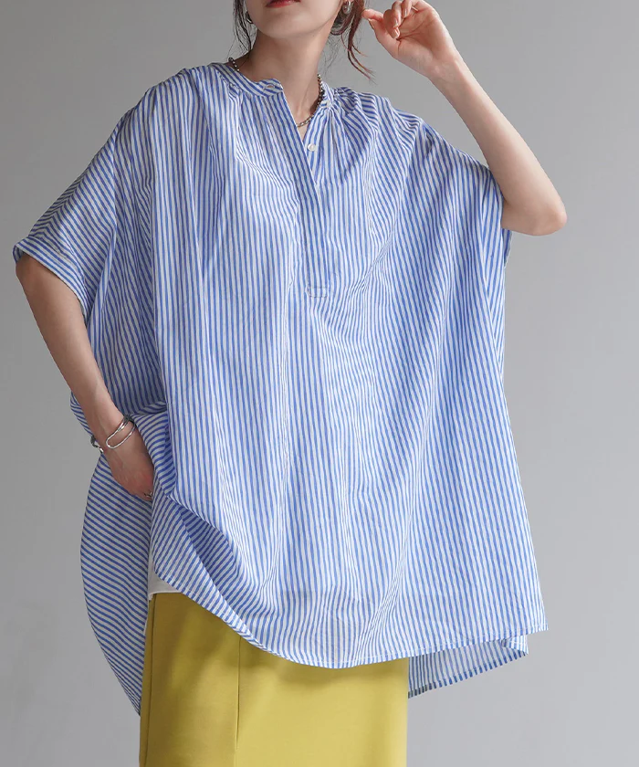 ブラウス ストライプ 綿100% レディース ロング チュニック シャツ トップス ロングシャツ コットン ボタン オーバーサイズ お尻が隠れる 半袖 バンドカラー キーネック 風 ドルマン サイドスリット 通気性 体型カバー 大きいサイズ 黒 ブルー 春 夏 HUG.U メール便 - Image 27