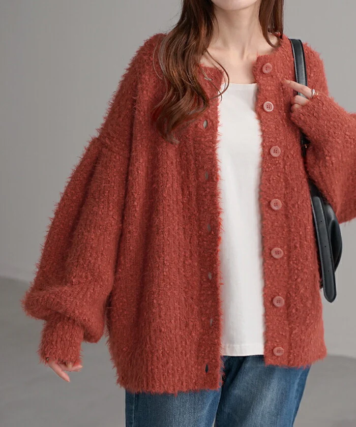 ニット 前後 2way プルオーバー カーディガン カーデ ニットカーディガン レディース セーター トップス 長袖 ニットカーデ オーバー ぽわん袖 体型カバー モヘア ボリュームスリーブ お尻が隠れる 大きいサイズ ボタン グリーン 春 夏 HUG.U - Image 4