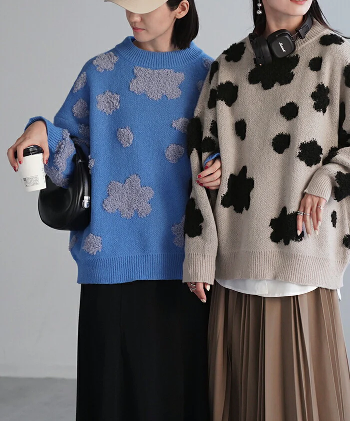 ニット 花柄 セーター レディース トップス 厚手 厚い 総柄 ドルマン フラワー ドロップショルダー Uネック シャギー 立体 オーバーサイズ プルオーバー オーバー お尻が隠れる 体型カバー 大きいサイズ カジュアル フェミニン ベージュ 黒 春 夏 HUG.U - Image 14