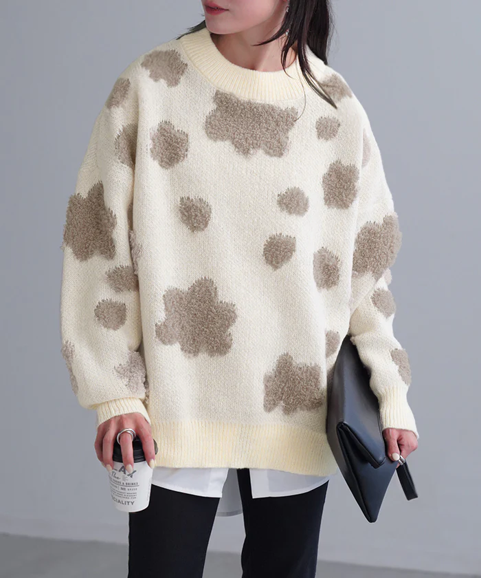 ニット 花柄 セーター レディース トップス 厚手 厚い 総柄 ドルマン フラワー ドロップショルダー Uネック シャギー 立体 オーバーサイズ プルオーバー オーバー お尻が隠れる 体型カバー 大きいサイズ カジュアル フェミニン ベージュ 黒 春 夏 HUG.U - Image 23