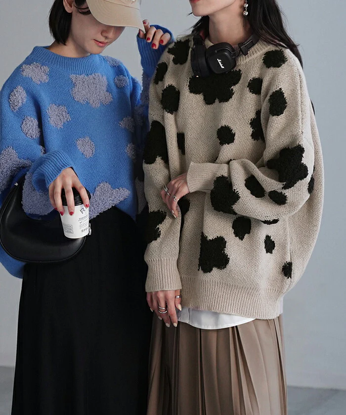 ニット 花柄 セーター レディース トップス 厚手 厚い 総柄 ドルマン フラワー ドロップショルダー Uネック シャギー 立体 オーバーサイズ プルオーバー オーバー お尻が隠れる 体型カバー 大きいサイズ カジュアル フェミニン ベージュ 黒 春 夏 HUG.U - Image 8