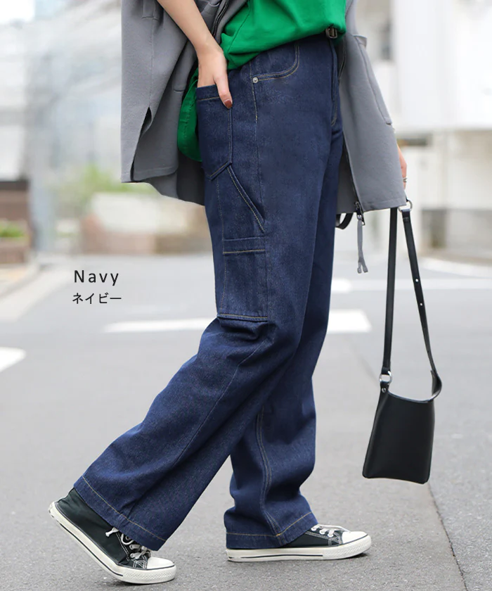 パンツ デニム ワイド レディース ボトムス ワイドパンツ ペインターパンツ ハイウエスト ウエストゴム ジーンズ ジーパン ボトム 長 ロング ズボン ストレート ポケット ステッチ 綿 大きいサイズ 体型カバー 別売り セットアップ 可 黒 春 夏 HUG.U - Image 10