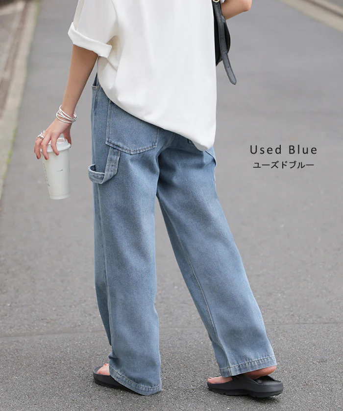 パンツ デニム ワイド レディース ボトムス ワイドパンツ ペインターパンツ ハイウエスト ウエストゴム ジーンズ ジーパン ボトム 長 ロング ズボン ストレート ポケット ステッチ 綿 大きいサイズ 体型カバー 別売り セットアップ 可 黒 春 夏 HUG.U - Image 12