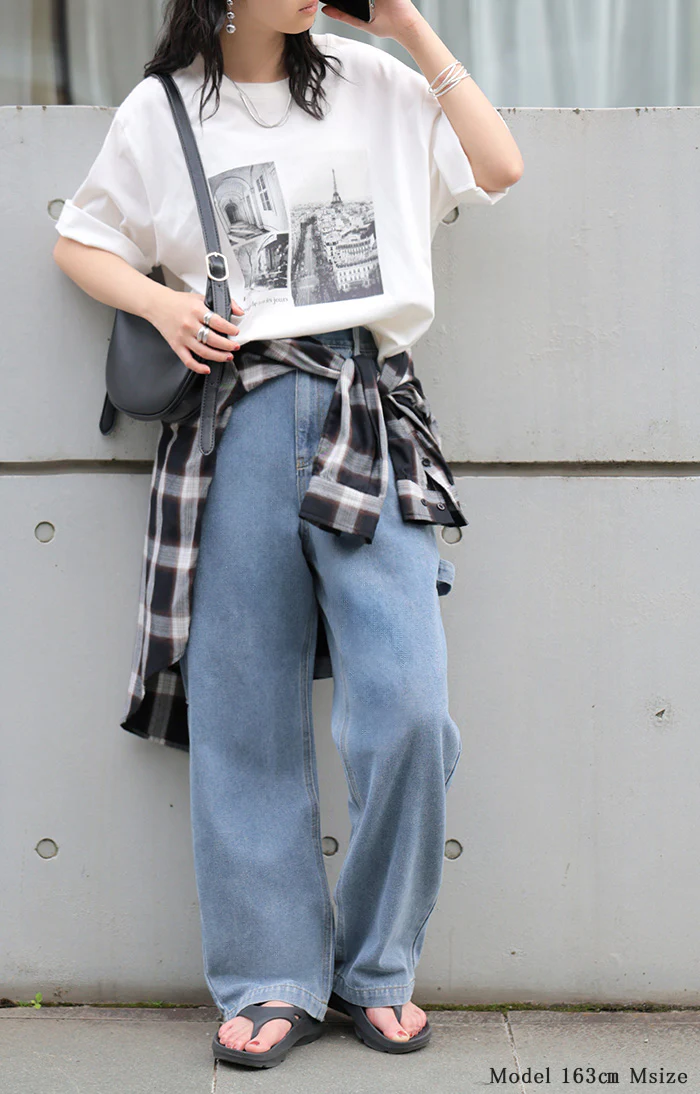 パンツ デニム ワイド レディース ボトムス ワイドパンツ ペインターパンツ ハイウエスト ウエストゴム ジーンズ ジーパン ボトム 長 ロング ズボン ストレート ポケット ステッチ 綿 大きいサイズ 体型カバー 別売り セットアップ 可 黒 春 夏 HUG.U - Image 15