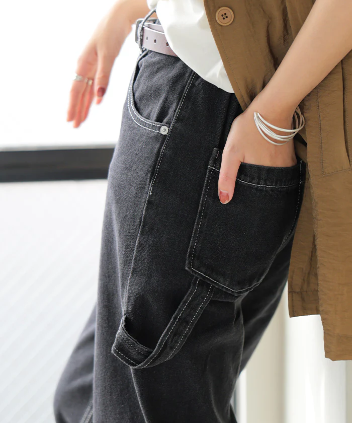 パンツ デニム ワイド レディース ボトムス ワイドパンツ ペインターパンツ ハイウエスト ウエストゴム ジーンズ ジーパン ボトム 長 ロング ズボン ストレート ポケット ステッチ 綿 大きいサイズ 体型カバー 別売り セットアップ 可 黒 春 夏 HUG.U - Image 18