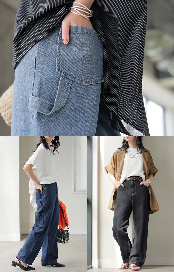 パンツ デニム ワイド レディース ボトムス ワイドパンツ ペインターパンツ ハイウエスト ウエストゴム ジーンズ ジーパン ボトム 長 ロング ズボン ストレート ポケット ステッチ 綿 大きいサイズ 体型カバー 別売り セットアップ 可 黒 春 夏 HUG.U - Image 21