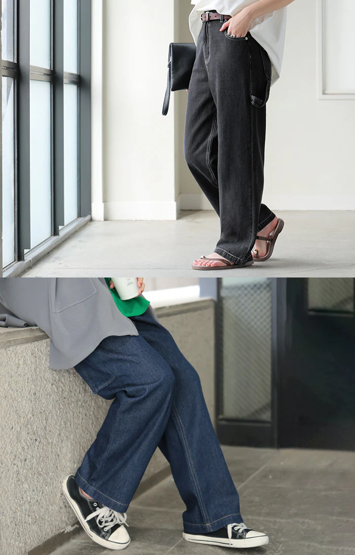 パンツ デニム ワイド レディース ボトムス ワイドパンツ ペインターパンツ ハイウエスト ウエストゴム ジーンズ ジーパン ボトム 長 ロング ズボン ストレート ポケット ステッチ 綿 大きいサイズ 体型カバー 別売り セットアップ 可 黒 春 夏 HUG.U - Image 8
