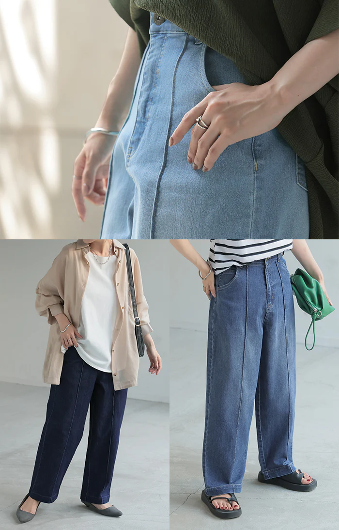 【夏セール】 パンツ デニム ワイドパンツ ストレッチ レデイ―ス センターシーム レディース ボトムス ボトム ジーンズ ジーパン 無地 ハイライズ テーパード ウエストゴム ずぼん ズボン USAコットン カジュアル 体型カバー 大きいサイズ ネイビー 春 夏 HUG.U - Image 10