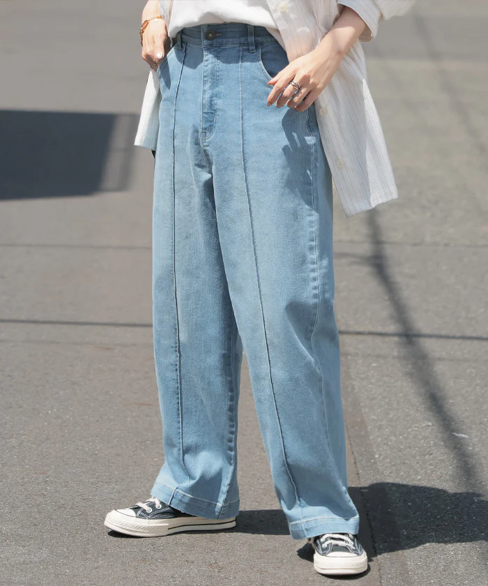 【夏セール】 パンツ デニム ワイドパンツ ストレッチ レデイ―ス センターシーム レディース ボトムス ボトム ジーンズ ジーパン 無地 ハイライズ テーパード ウエストゴム ずぼん ズボン USAコットン カジュアル 体型カバー 大きいサイズ ネイビー 春 夏 HUG.U - Image 28