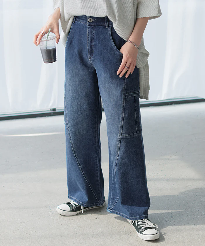 パンツ デニム フレアパンツ ストレッチ レデイ―ス カーブライン レディース ボトムス ボトム ジーンズ ジーパン 無地 ハイライズ テーパード ウエストゴム ずぼん ズボン ワイドパンツ カジュアル 体型カバー 大きいサイズ ネイビー 春 夏 HUG.U - Image 5