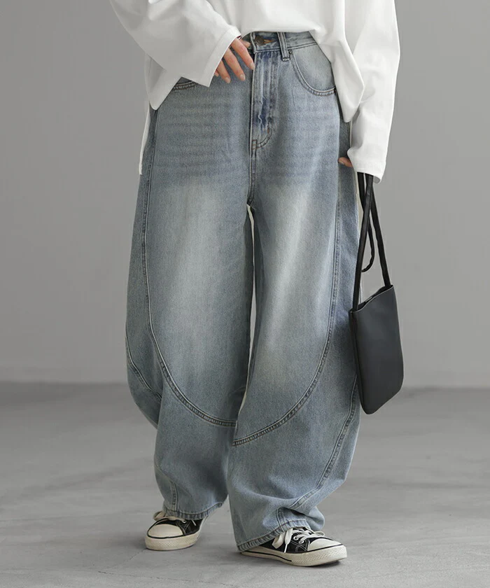 デニム パンツ バルーン ワイド 綿100％ レディース ボトムス ジーパン カーブパンツ バルーンパンツ デニムパンツ ジーンズ ボトム ズボン ずぼん ワイドパンツ 大きいサイズ 体型カバー 薄手 変形 カジュアル 脚長 ネイビー ブルー 春 夏 HUG.U - Image 5