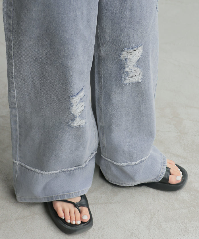 デニム パンツ ワイド 綿100％ レディース ボトムス ダメージ 加工 ハイウエスト クラッシュ デニムパンツ 無地 ジーパン ジーンズ ワイドパンツ ゆったり ストレート 体型カバー 大きいサイズ ズボン ゴム ロールアップ ボトム 黒 ブルー 夏 春 HUG.U - Image 10