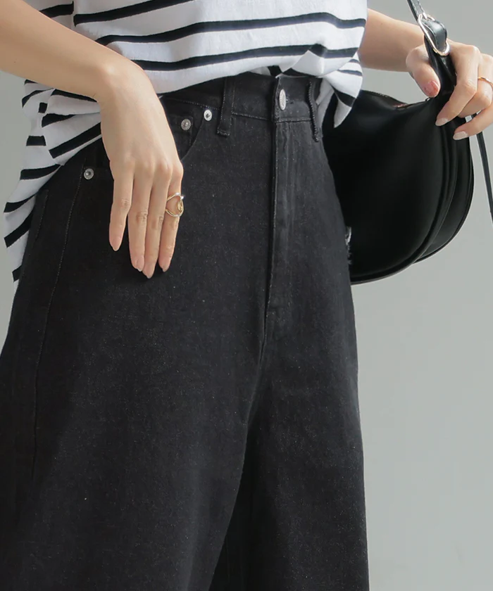 デニム パンツ ワイド 綿100％ レディース ボトムス ダメージ 加工 ハイウエスト クラッシュ デニムパンツ 無地 ジーパン ジーンズ ワイドパンツ ゆったり ストレート 体型カバー 大きいサイズ ズボン ゴム ロールアップ ボトム 黒 ブルー 夏 春 HUG.U - Image 13