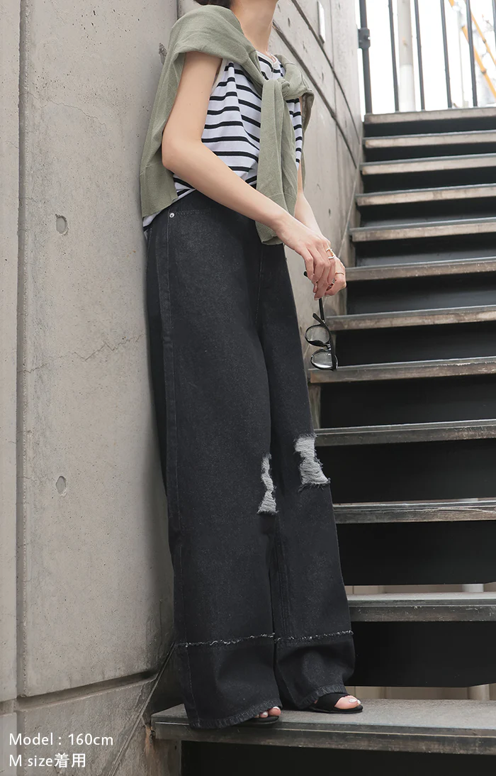 デニム パンツ ワイド 綿100％ レディース ボトムス ダメージ 加工 ハイウエスト クラッシュ デニムパンツ 無地 ジーパン ジーンズ ワイドパンツ ゆったり ストレート 体型カバー 大きいサイズ ズボン ゴム ロールアップ ボトム 黒 ブルー 夏 春 HUG.U - Image 14