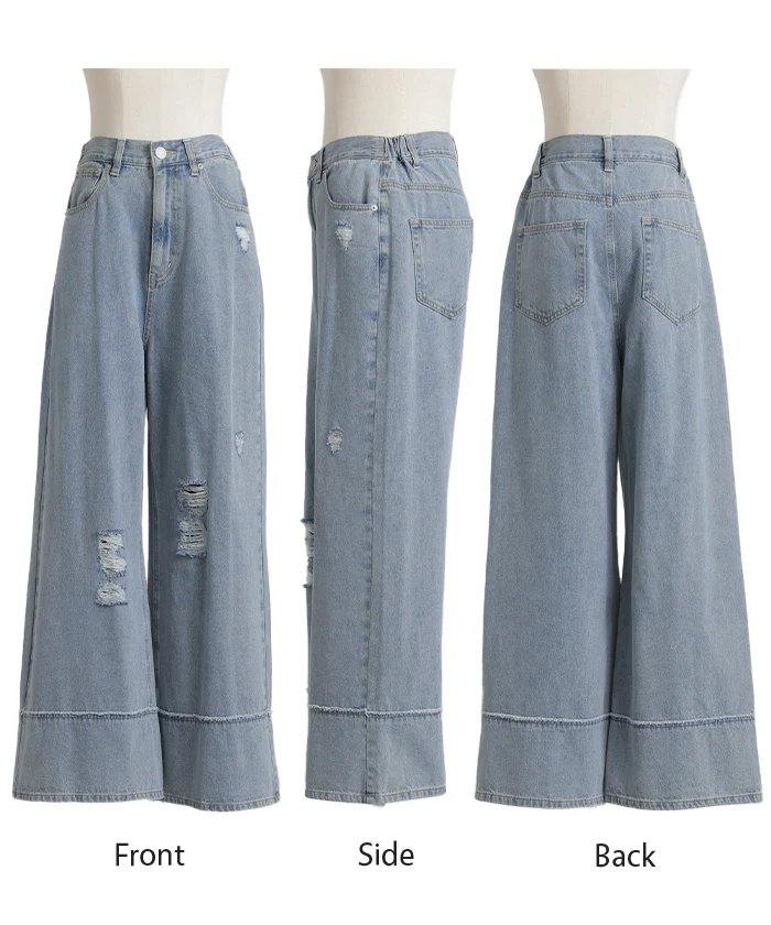 デニム パンツ ワイド 綿100％ レディース ボトムス ダメージ 加工 ハイウエスト クラッシュ デニムパンツ 無地 ジーパン ジーンズ ワイドパンツ ゆったり ストレート 体型カバー 大きいサイズ ズボン ゴム ロールアップ ボトム 黒 ブルー 夏 春 HUG.U - Image 23