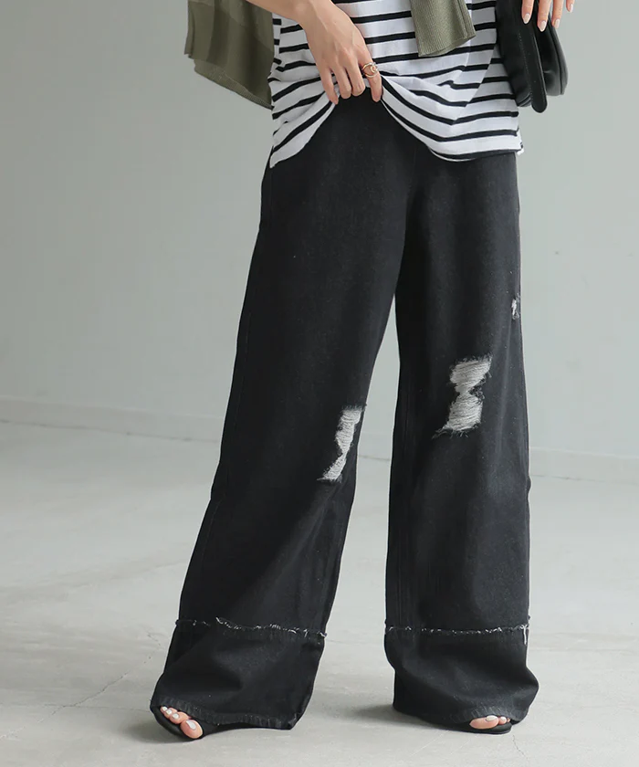 デニム パンツ ワイド 綿100％ レディース ボトムス ダメージ 加工 ハイウエスト クラッシュ デニムパンツ 無地 ジーパン ジーンズ ワイドパンツ ゆったり ストレート 体型カバー 大きいサイズ ズボン ゴム ロールアップ ボトム 黒 ブルー 夏 春 HUG.U - Image 26