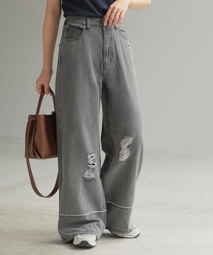 デニム パンツ ワイド 綿100％ レディース ボトムス ダメージ 加工 ハイウエスト クラッシュ デニムパンツ 無地 ジーパン ジーンズ ワイドパンツ ゆったり ストレート 体型カバー 大きいサイズ ズボン ゴム ロールアップ ボトム 黒 ブルー 夏 春 HUG.U - Image 28