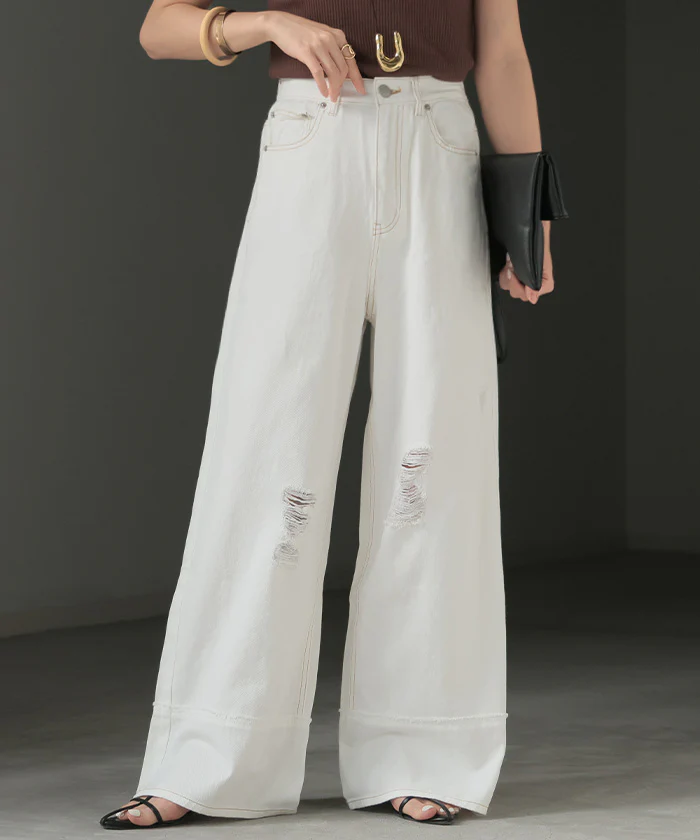 デニム パンツ ワイド 綿100％ レディース ボトムス ダメージ 加工 ハイウエスト クラッシュ デニムパンツ 無地 ジーパン ジーンズ ワイドパンツ ゆったり ストレート 体型カバー 大きいサイズ ズボン ゴム ロールアップ ボトム 黒 ブルー 夏 春 HUG.U - Image 29