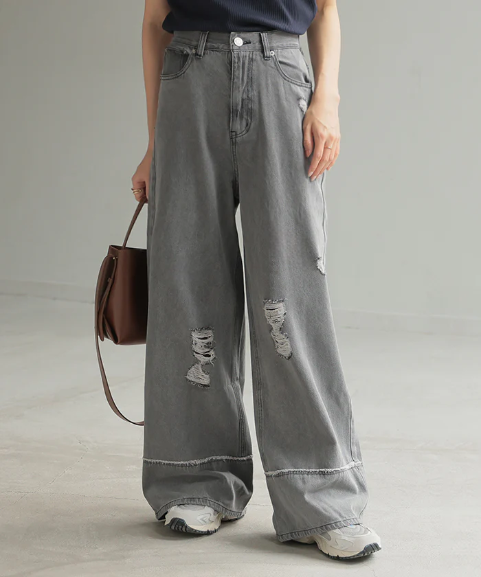 デニム パンツ ワイド 綿100％ レディース ボトムス ダメージ 加工 ハイウエスト クラッシュ デニムパンツ 無地 ジーパン ジーンズ ワイドパンツ ゆったり ストレート 体型カバー 大きいサイズ ズボン ゴム ロールアップ ボトム 黒 ブルー 夏 春 HUG.U - Image 5