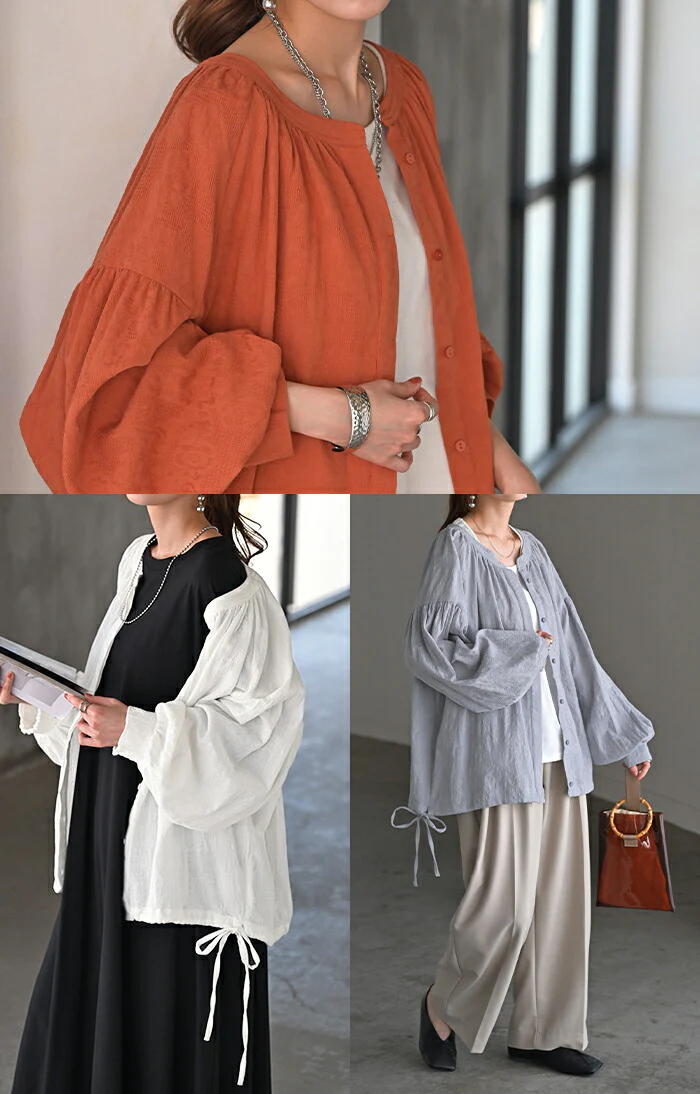 シャツ レディース トップス 綿100％ジャガード ブルゾン キーネック アウター ぽわん袖 ドロップショルダー リボン 体型カバー 華奢見え カーディガン ボタン 羽織 シャツブルゾン 無地 コットン 長袖 大きいサイズ 白 ピンク 春 夏 HUG.U - Image 11