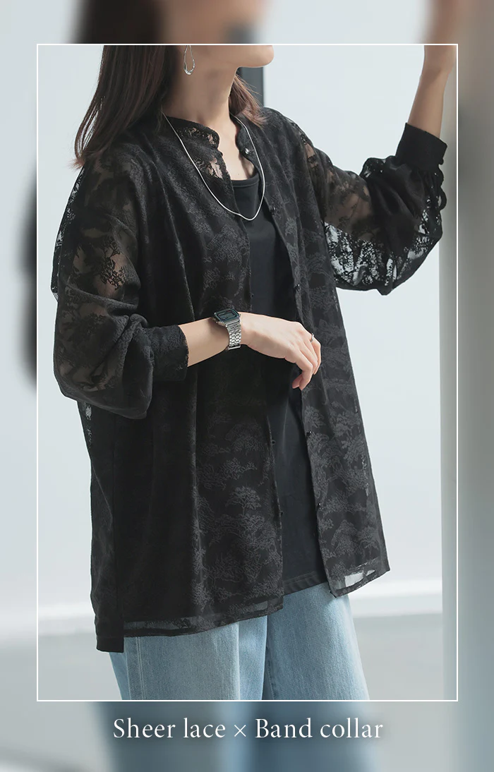 【夏セール】 シャツ レース シアー 体型カバー チュニック トップス レディース 柄 ブラウス カラーシャツ レースシャツ オーバーサイズ 長い きれいめ ドロップショルダー ドルマン 彼シャツ 羽織 シアーシャツ 大きいサイズ 黒 春 夏 HUG.U メール便 - Image 19