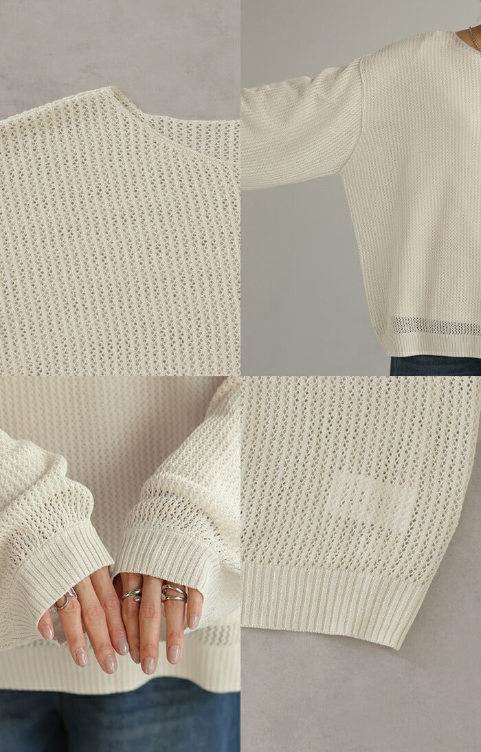 ニット シアー メッシュ レディース トップス 透け チュニック Uネック オーバーサイズ レイヤード 重ね着 メッシュニット 透かし編み シアーニット ストレッチ ラメ 長袖 ボリュームスリーブ ドルマン 大きいサイズ 体型カバー 白 黒 春 夏 HUG.U - Image 22
