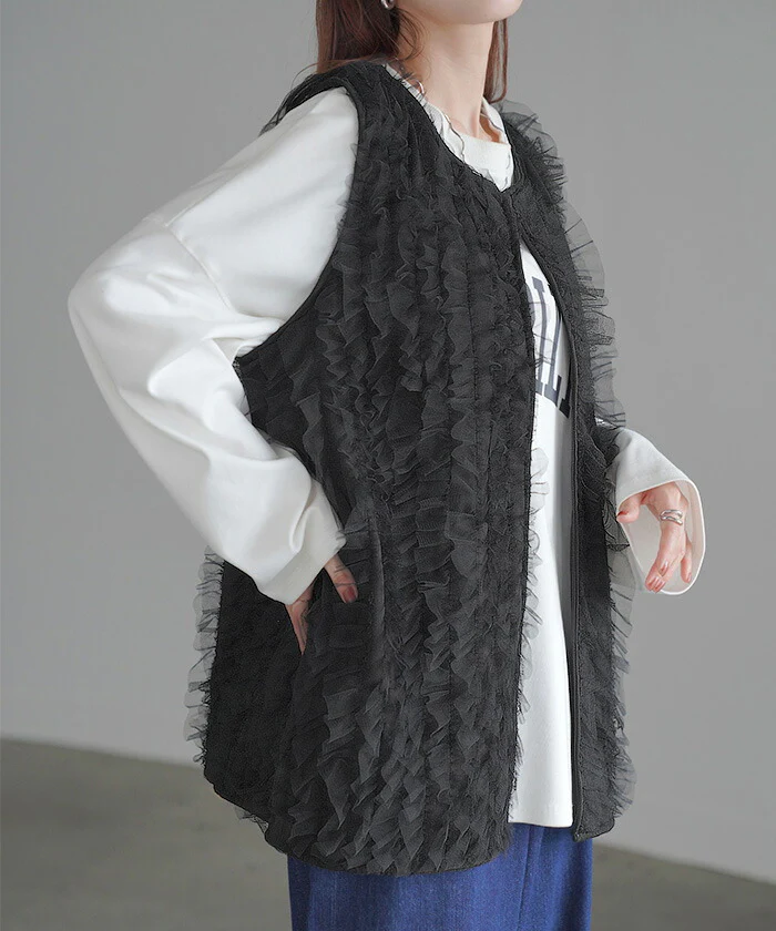 ベスト ジレ レディース チュール トップス レイヤード チュールベスト チュールジレ チュールトップス 前開き 体型カバー 羽織 ノースリーブ 袖なし 大きいサイズ フェミニン 長い お尻が隠れる おしゃれ チュニック ロング 黒 ブラック 春 夏 HUG.U - Image 18