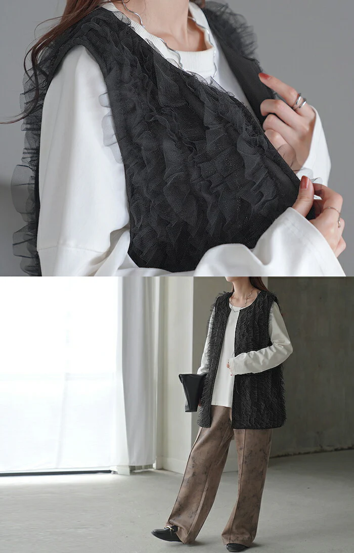 ベスト ジレ レディース チュール トップス レイヤード チュールベスト チュールジレ チュールトップス 前開き 体型カバー 羽織 ノースリーブ 袖なし 大きいサイズ フェミニン 長い お尻が隠れる おしゃれ チュニック ロング 黒 ブラック 春 夏 HUG.U - Image 8