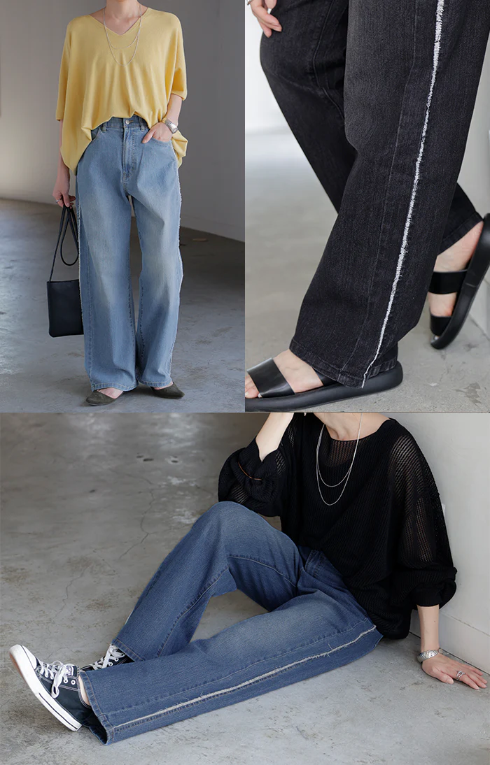 【特別価格】 デニム パンツ フリンジ デニムパンツ レディース ワイド ワイドパンツ 大きいサイズ ジーンズ ジーパン 体型カバー ボトムス ストレート ズボン ボトム フリンジデニム 長ズボン ゆったり ハイウエスト 伸びる ゴム ストレッチ 美脚 春 夏 HUG.U - Image 12