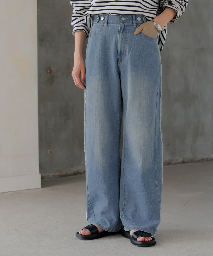 【特別価格】 デニム パンツ フリンジ デニムパンツ レディース ワイド ワイドパンツ 大きいサイズ ジーンズ ジーパン 体型カバー ボトムス ストレート ズボン ボトム フリンジデニム 長ズボン ゆったり ハイウエスト 伸びる ゴム ストレッチ 美脚 春 夏 HUG.U - Image 29
