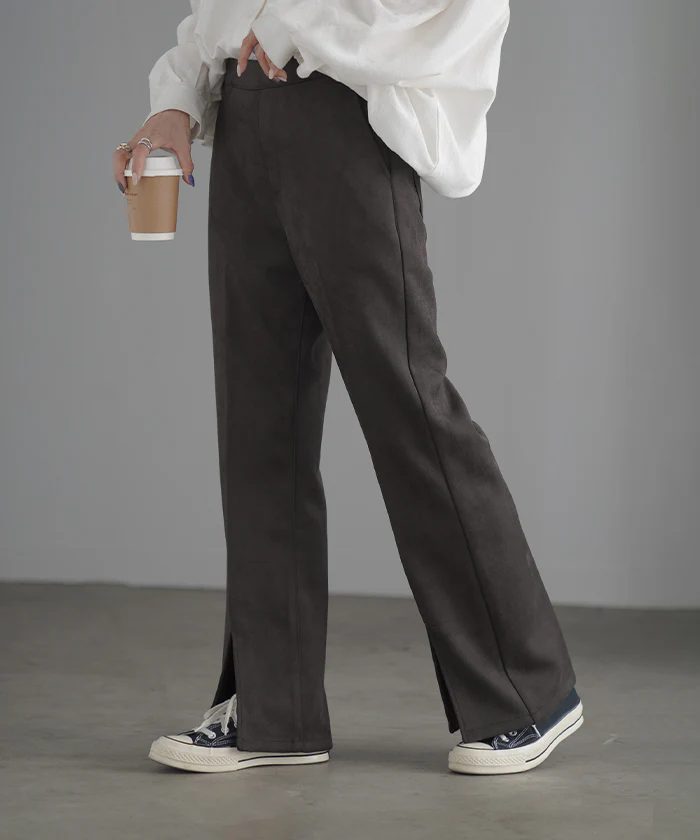 パンツ ワイド レディース フレア フレアパンツ ワイドパンツ ロング ロングパンツ スエード ボトムス ボトム ストレート ズボン ゆったり ハイウエスト スリット ゴム ライン セミフレア 美脚 体型カバー 大きいサイズ 緑 ブラウン 春 夏 HUG.U - Image 10