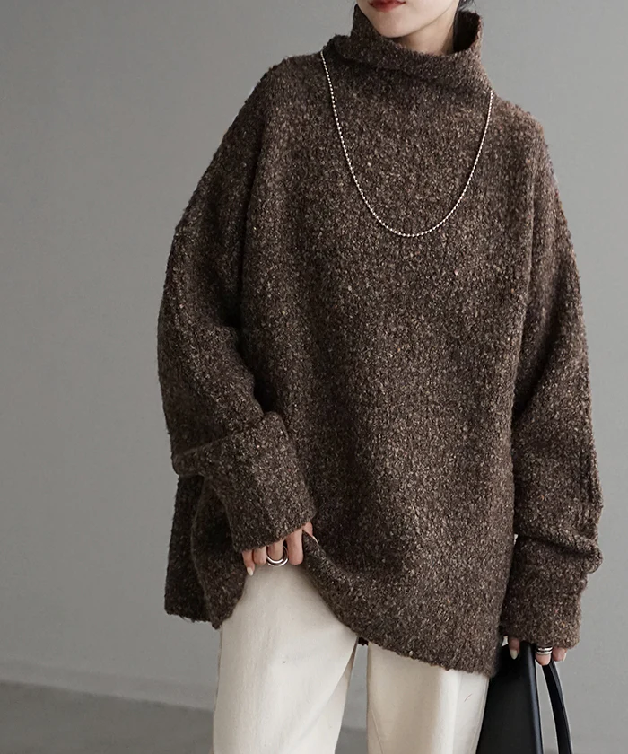 ニット ロング セーター メランジ レディース トップス ドロップショルダー チュニック ロングニット お尻が隠れる ハイネック タートルネック リブ チクチクしない 長袖 オーバーサイズ 体型カバー 大きいサイズ 春 夏 黒 ベージュ きれいめ HUG.U - Image 27