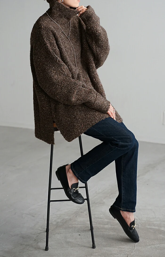 ニット ロング セーター メランジ レディース トップス ドロップショルダー チュニック ロングニット お尻が隠れる ハイネック タートルネック リブ チクチクしない 長袖 オーバーサイズ 体型カバー 大きいサイズ 春 夏 黒 ベージュ きれいめ HUG.U - Image 9