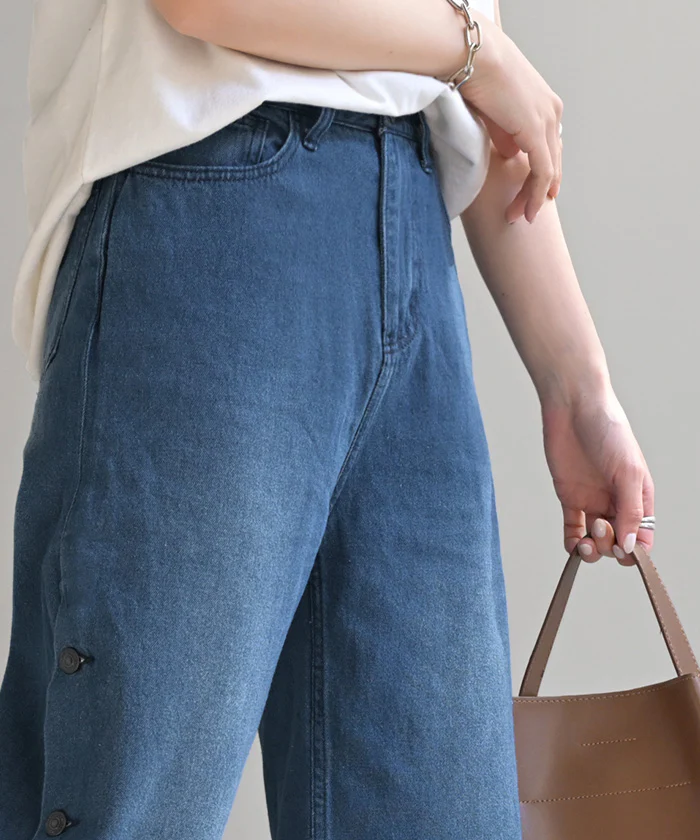 【夏セール】 デニム パンツ デニムパンツ レディース ワイドパンツ ワイド ジーンズ ジーパン 体型カバー ボトムス ボトム ストレート ロング ロングパンツ ズボン ゆったり サイドボタン ハイウエスト ゴム 美脚 大きいサイズ おしゃれ 黒 ブルー 春 夏 HUG.U - Image 18