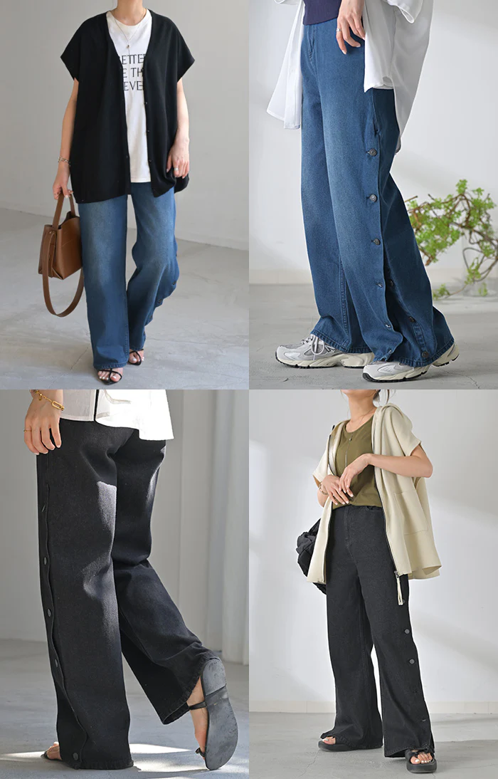 【夏セール】 デニム パンツ デニムパンツ レディース ワイドパンツ ワイド ジーンズ ジーパン 体型カバー ボトムス ボトム ストレート ロング ロングパンツ ズボン ゆったり サイドボタン ハイウエスト ゴム 美脚 大きいサイズ おしゃれ 黒 ブルー 春 夏 HUG.U - Image 21