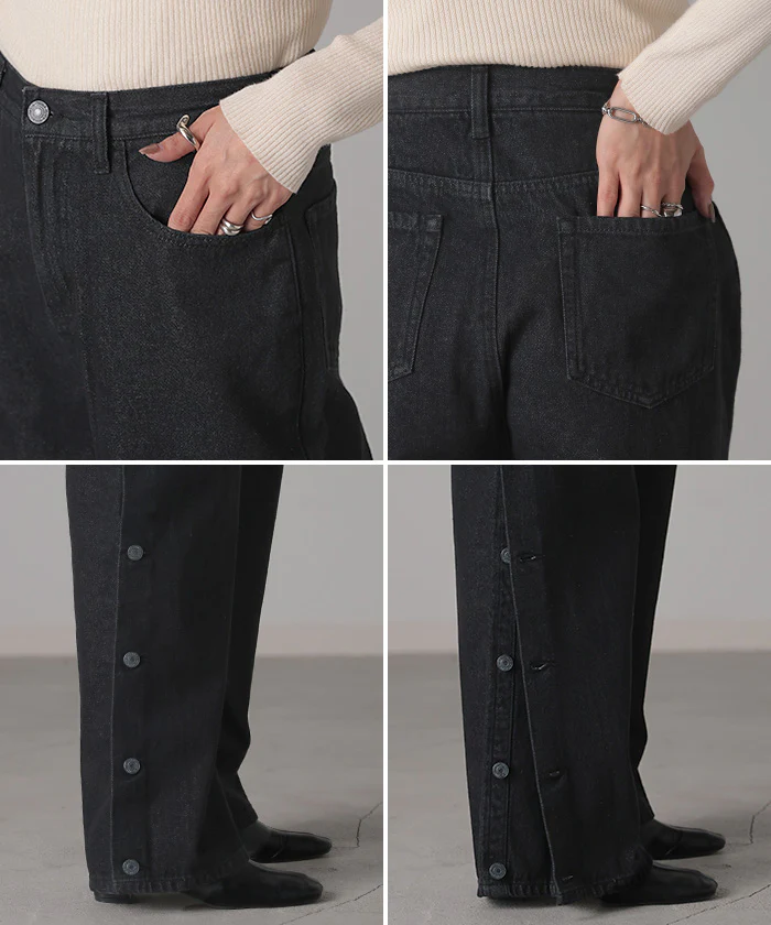 【夏セール】 デニム パンツ デニムパンツ レディース ワイドパンツ ワイド ジーンズ ジーパン 体型カバー ボトムス ボトム ストレート ロング ロングパンツ ズボン ゆったり サイドボタン ハイウエスト ゴム 美脚 大きいサイズ おしゃれ 黒 ブルー 春 夏 HUG.U - Image 22