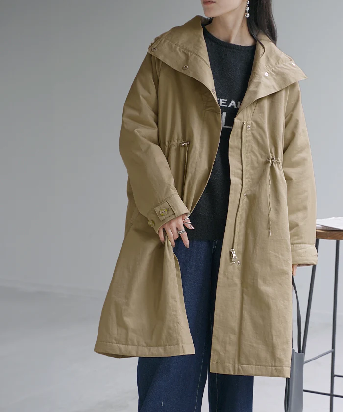 コート 2way ミリタリーコート ロング アウター モッズコート Vネック スタンドカラー 長袖 無地 オーバーサイズ ジャケット 裏地付き 中綿 キルティング 長い 中綿コート ロングコート 防寒 大きいサイズ 体型カバー カジュアル 黒 カーキ 春 夏 HUG.U - Image 21