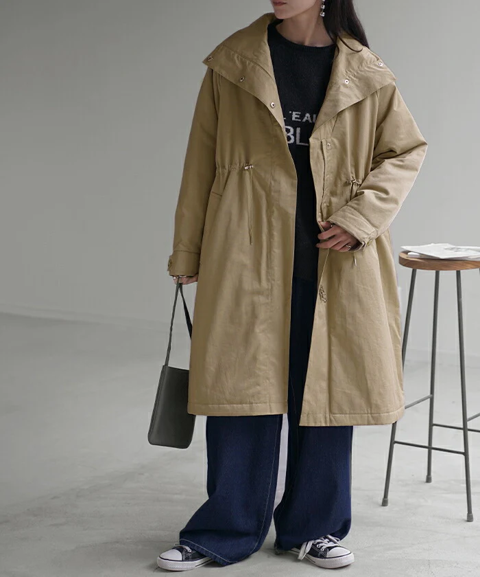 コート 2way ミリタリーコート ロング アウター モッズコート Vネック スタンドカラー 長袖 無地 オーバーサイズ ジャケット 裏地付き 中綿 キルティング 長い 中綿コート ロングコート 防寒 大きいサイズ 体型カバー カジュアル 黒 カーキ 春 夏 HUG.U - Image 9
