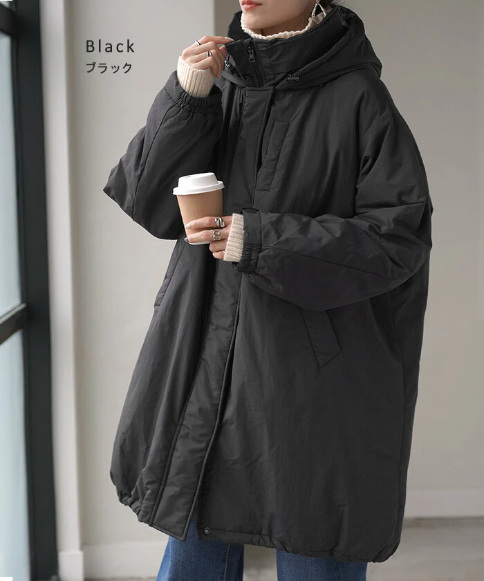 アウター モンスターパーカー レディース ロング ロングコート 中綿 パーカー ジャケット ブルゾン コート ダウン フェイクダウン ミリタリー ハイネック フード 羽織 オーバーサイズ 大きいサイズ 体型カバー 軽量 暖かい 防寒 ベージュ 黒 春 夏 HUG.U - Image 13
