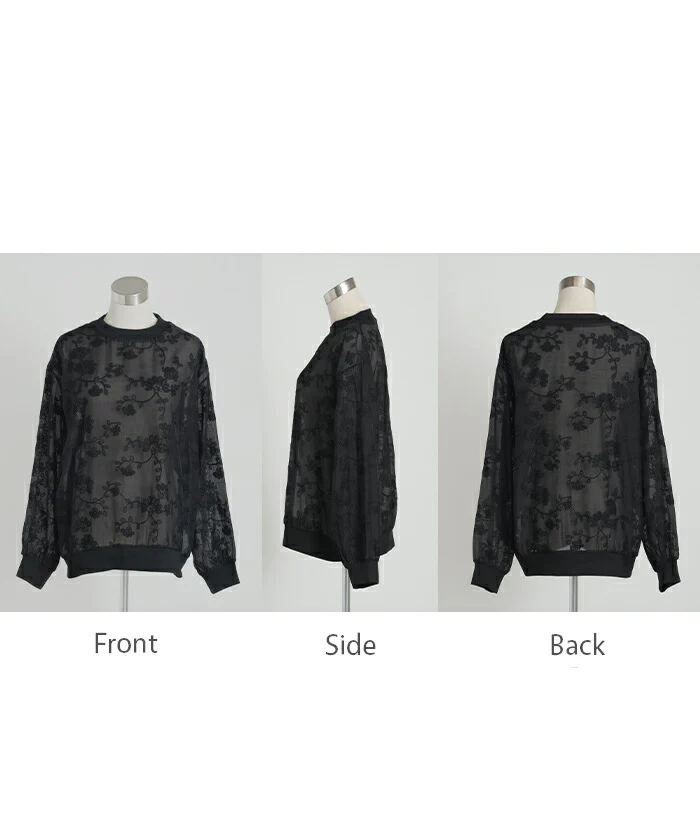 Tシャツ ロンT シアー ジャガード レディース トップス レース 透け 長袖 無地 Uネック 袖口ゴム 花柄 フラワー 刺繍 アート レイヤード 重ね着 ボリュームスリーブ プルオーバー 大きいサイズ 体型カバー シック きれいめ 上品 黒 白 春 夏 HUG.U メール便 - Image 14