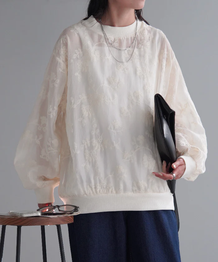 Tシャツ ロンT シアー ジャガード レディース トップス レース 透け 長袖 無地 Uネック 袖口ゴム 花柄 フラワー 刺繍 アート レイヤード 重ね着 ボリュームスリーブ プルオーバー 大きいサイズ 体型カバー シック きれいめ 上品 黒 白 春 夏 HUG.U メール便 - Image 17