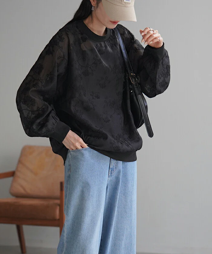 Tシャツ ロンT シアー ジャガード レディース トップス レース 透け 長袖 無地 Uネック 袖口ゴム 花柄 フラワー 刺繍 アート レイヤード 重ね着 ボリュームスリーブ プルオーバー 大きいサイズ 体型カバー シック きれいめ 上品 黒 白 春 夏 HUG.U メール便 - Image 2